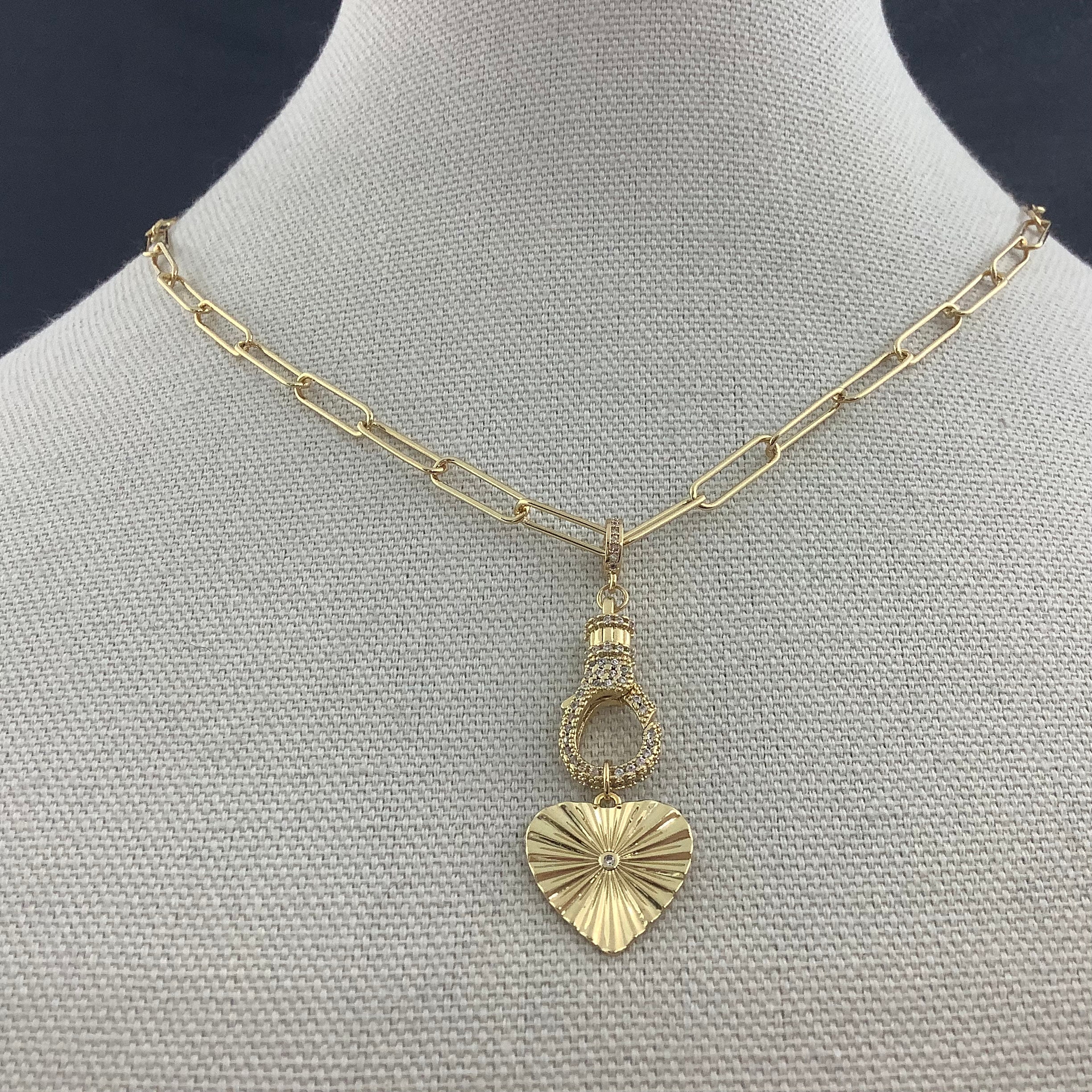 14K Solid Gold Fluted Heart Charm Necklace (Sunbeam Sunburst Style Fluted Detail Heart Pendant with Thin Paperclip Chain or Charm Alone)