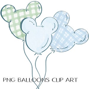May include: Three blue and green gingham Mickey Mouse-shaped balloons tied together with a blue ribbon.