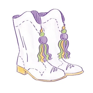 Puede incluir: Ilustración de botas de vaquero blancas con borlas de cuentas moradas, verdes y amarillas. Las botas tienen un tacón y una suela amarillos y detalles morados en la parte superior. El diseño es de estilo acuarela.
