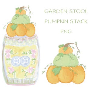 May include: A stack of pumpkins in various shades of orange and green, with a green stem on top, sitting on a yellow and blue ceramic garden stool with floral designs. The text "GARDEN STOOL PUMPKIN STACK PNG" is written in green above the image.