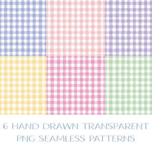 May include: Six hand-drawn transparent PNG seamless patterns in pastel colors: blue, pink, purple, yellow, and green. Each pattern features a classic gingham check design, perfect for digital or print projects.