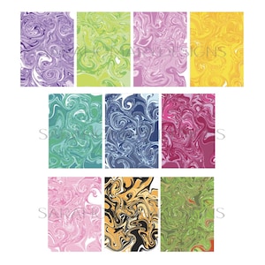 May include: A collection of abstract art prints featuring swirling patterns in various colors. The prints showcase a range of hues, including purple, green, pink, yellow, teal, blue, red, gold, and a mix of green and red. The designs have a marbled effect.