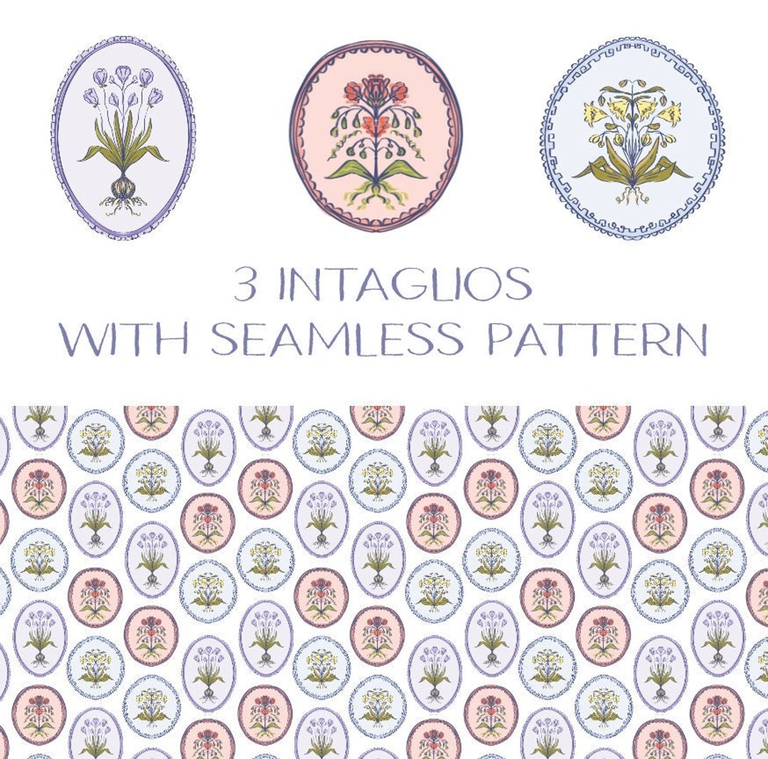 Pattern Intaglio Print Floral Intaglio Clip Art and Seamless Pattern - Etsy