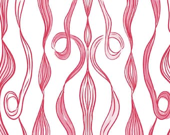 Könnte beinhalten: Ein nahtloses Muster aus rosa wellenförmigen Linien auf weißem Hintergrund. Die Linien sind in einem fließenden, organischen Stil gezeichnet und erzeugen ein Gefühl von Bewegung und Energie.