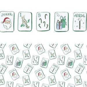 May include: A set of Christmas-themed playing cards on a white backdrop. The cards display illustrations of Santa Claus, birds, candy canes, gifts, and a North Pole design. One card has the word "Joker".