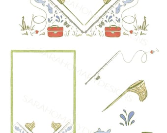 May include: An illustration featuring fishing-themed elements. The design includes fishing rods, nets, blue fish, red tackle boxes, and decorative water splashes. A green-bordered frame is also present.