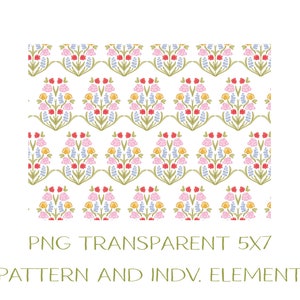 May include: A seamless pattern featuring a repeating design of stylized flowers in shades of pink, yellow, blue, red, and green. The flowers are arranged in a symmetrical pattern, creating a delicate and elegant design.