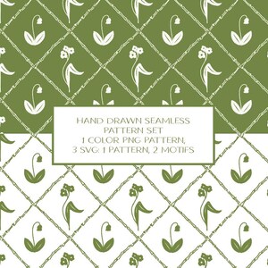 May include: A hand-drawn seamless pattern set featuring a bamboo-style diamond grid with floral motifs. The text reads: HAND DRAWN SEAMLESS PATTERN SET, 1 COLOR PNG PATTERN, 3 SVG: 1 PATTERN, 2 MOTIFS. Shown in olive green and white colorways.