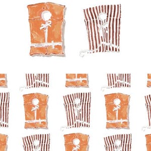 May include: Watercolor pattern of orange and brown life vests. The vests have a circular opening at the top and are tied with a white ribbon. Some vests are solid orange, while others have brown and white stripes.