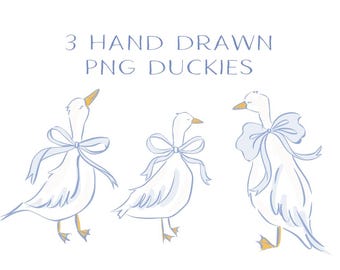 May include: Three hand-drawn PNG duck illustrations. Each white duck has a light blue bow and yellow beak and feet. The text at the top reads "3 HAND DRAWN PNG DUCKIES" in light blue.