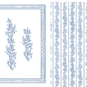 May include: Two panels with blue floral designs on a white background. One panel features two floral sprigs within a blue rectangular frame. The other panel displays vertical stripes with a repeating floral pattern. The designs are in a classic, elegant style.