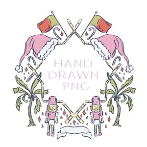 Può includere: Grafica PNG disegnata a mano con un design festivo. L'immagine presenta cappelli di Babbo Natale rosa, bastoncini di zucchero, bandiere, palme e figure di schiaccianoci. Il testo "HAND DRAWN PNG" è al centro, circondato da elementi decorativi.
