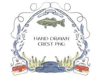 May include: Hand-drawn crest PNG featuring a fish, fishing rods, and tackle boxes. The design includes a fish in the center, with fishing rods arching above. The text "HAND DRAWN CREST PNG" is displayed below the fish.