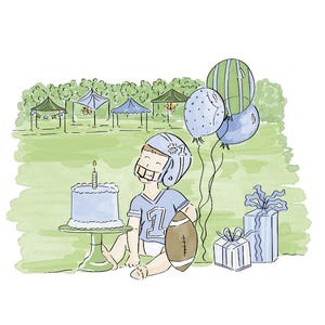 May include: A watercolor illustration of a child wearing a football helmet and jersey with the number one, sitting next to a birthday cake on a stand, a football, and two wrapped gifts, with a background of green trees and blue party tents.