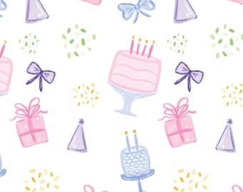 May include: A seamless pattern featuring a variety of birthday party elements, including pink and blue cakes with candles, purple party hats, pink and white gift boxes with bows, and confetti in various colors.