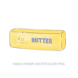 Könnte beinhalten: Eine handgezeichnete Aquarellillustration eines rechteckigen Stücks gelber Butter. Das Etikett auf der Vorderseite zeigt deutlich den Text 4 oz. und das Wort BUTTER in blauen Großbuchstaben. Die Zeichnung hat einen einfachen Umrissstil.