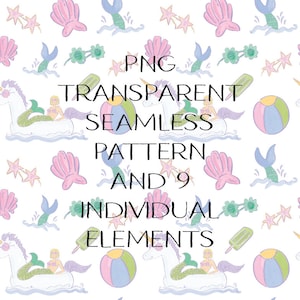 May include: A seamless pattern featuring a variety of summer-themed illustrations, including mermaids, unicorns, seashells, beach balls, and popsicles. The pattern is in a pastel color palette and has a whimsical, playful feel.