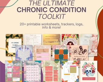 May include: A collection of printable worksheets, trackers, and logs designed to help manage chronic conditions. The colorful designs feature floral patterns, skulls, and inspirational quotes like "healing isn't linear" and "everything hurts".