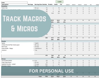 Planificador digital de macros y micro comidas, plantilla de plan de comidas macro editable, rastreador de macros de hojas de Google, rastreador de macros de Excel, plan de comidas móvil