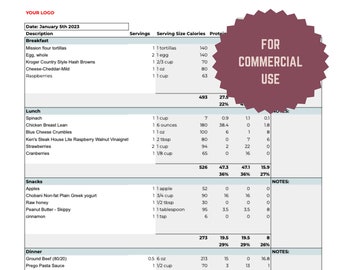 Plantilla de plan de comidas macro editable digital para entrenadores (para uso comercial), Planificador de comidas macro de Google Sheet, Plantilla de plan de comidas digital