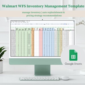 Może przedstawiać: Ekran komputera wyświetlający arkusz kalkulacyjny Google Sheets zatytułowany "Walmart WFS Inventory Manager". Arkusz kalkulacyjny zawiera dane dotyczące zapasów, sprzedaży i cen. Tekst "Walmart WFS Inventory Management Template" jest wyświetlany nad ekranem komputera. Tekst "manage inventory | auto replenishment & pricing strategy recommendations" jest wyświetlany pod ekranem komputera. Logo Google Sheets jest wyświetlane pod ekranem komputera.