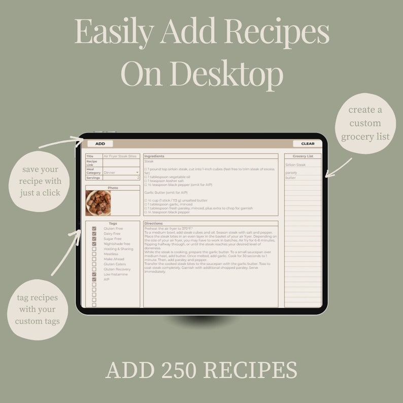 Recipe For Computer Digital Recipe Book Google Sheets Template, Organize, View, and Meal ...