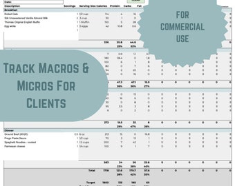 Plantilla de plan de comidas macro y micro editable digital para entrenadores (para uso comercial), planificador de comidas macro de hoja de Google, plan de comidas digital