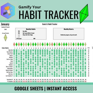 Google Sheets Habit Tracker, Gamified Chore Chart with Sims Theme,  ADHD Habit Tracker, digital habit tracker for phone