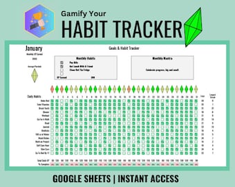 May include: A green and white printable habit tracker for January with a green diamond and a gold trophy. The tracker includes daily habits such as make bed, take vitamins, brush teeth, shower, workout, go for a walk, read, journal, meditate, 100 oz of water, wash dishes, work on project, self care hour, skin care, go to bed by 11, and monthly habits such as pay bills, get lunch with a friend, and clean out the fridge. The tracker also includes a monthly mantra: Celebrate progress, big and small.