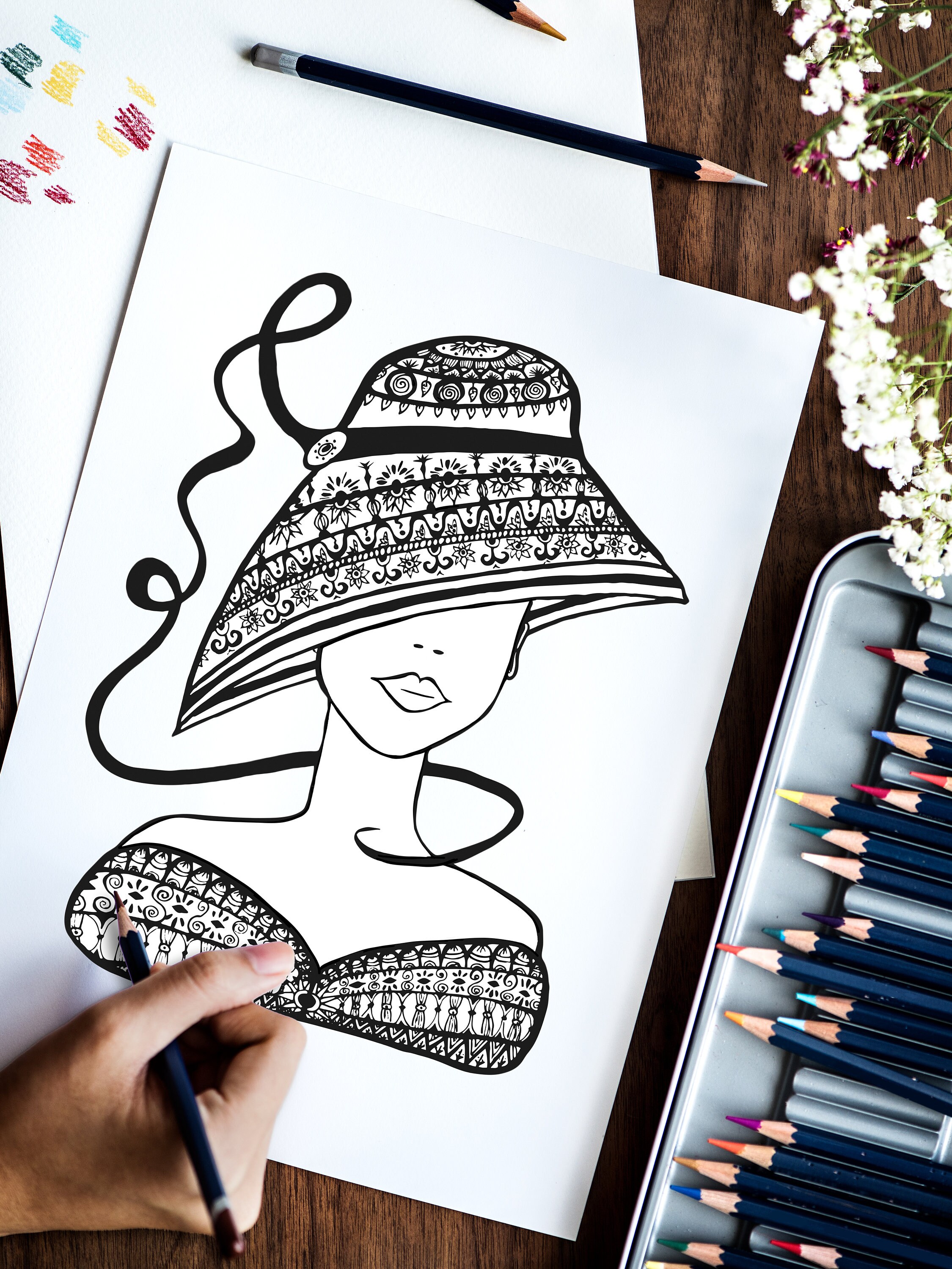 Printable Coloring Page Adult Coloring Elegant Lady With Intricate ...