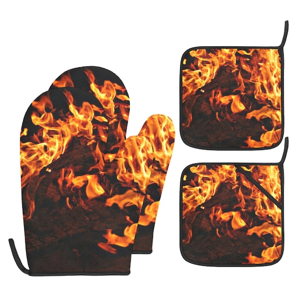 4pc fire flames Pot Holder+Gloves set,Gift for Housewarming/Mothers day/Couples/Bachelor/Birthday/home decor/kitchen decor/cooking/chefs