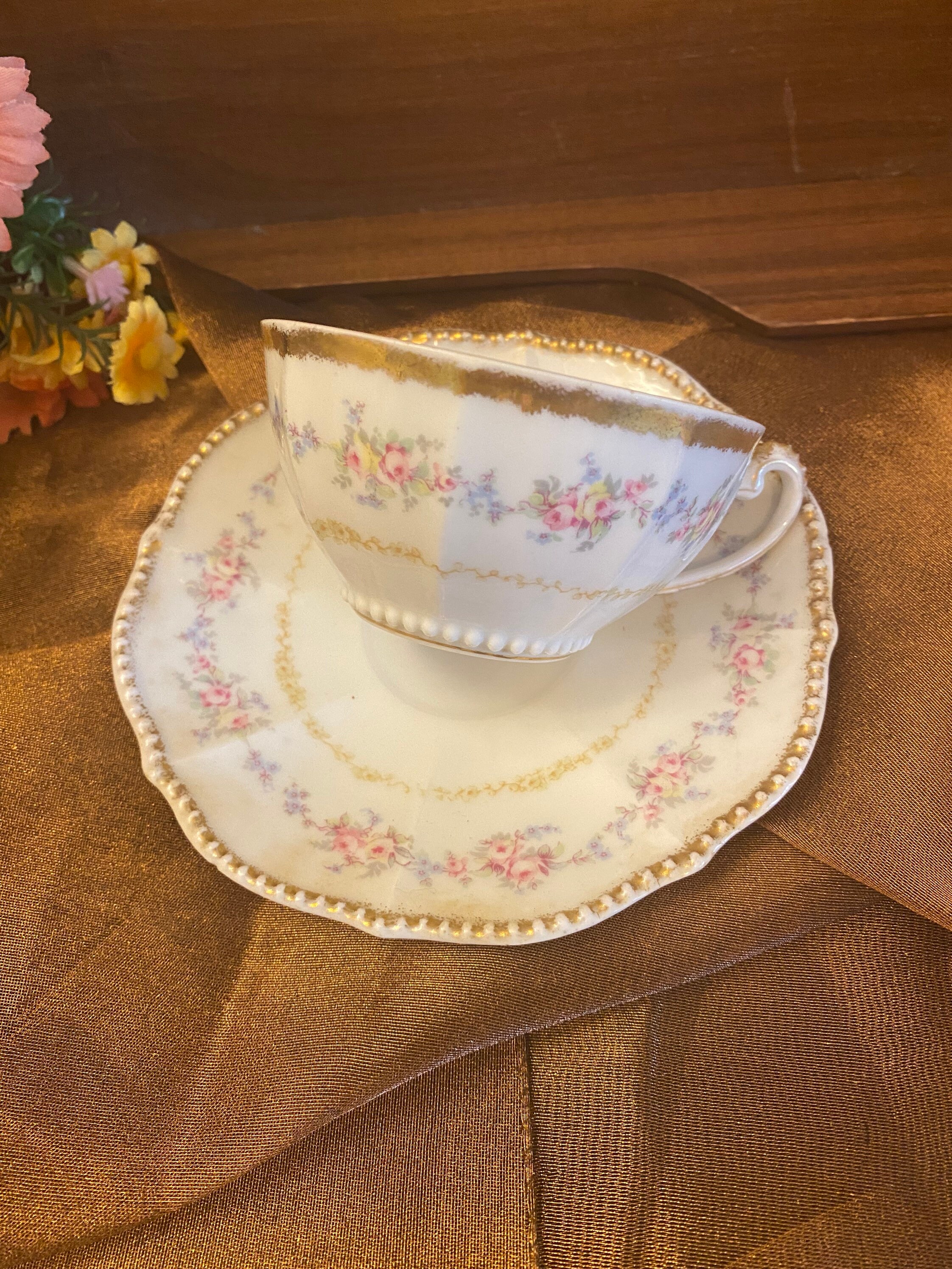 Elite Works Limoges Teacup and Saucer Set, Floral Gold Beaded Design ...