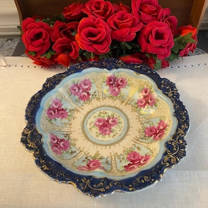 Hand Painted Nippon Cobalt, Pink Rose and Gold Serving Bowl