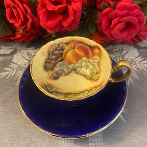 Aynsley Teacup and Saucer Cobalt Blue Fruit Orchard