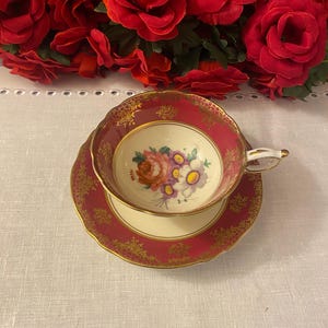 Vintage Paragon Bone China Teacup and Saucer: Fuchsia Floral, Gold Trim