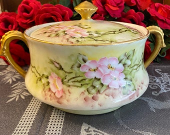 T & V Tressemann and Vogt Smith Signed Limoges France Mint Green and Pink Floral Biscuit/Cracker Jar