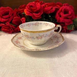 Elite Works Limoges Teacup and Saucer Set, Floral Gold Beaded Design, Circa 1880-1900