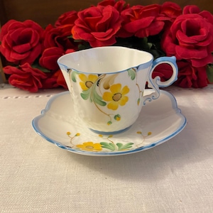 Aynsley Mustard Yellow Daisy with Blue Handle and Saucer