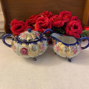 Hand Painted Nippon Cobalt, Pink Rose and Gold Moriage Footed Cream and Sugar Set