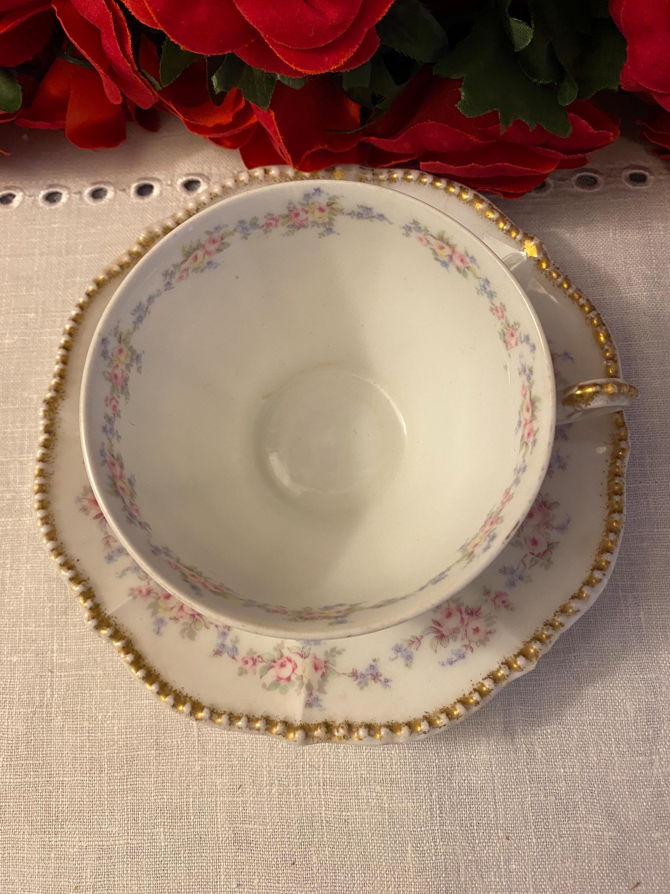 Elite Works Limoges Teacup and Saucer Set, Floral Gold Beaded Design ...