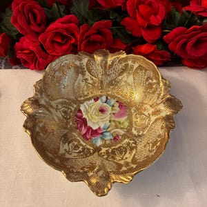Hand Painted Nippon Moriage Rose and Gold Bowl