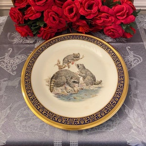 Lenox 1973 Cobalt and Gold Edged Woodland Wildlife Raccoons Collectors Plate