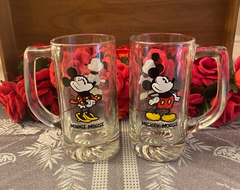 Vintage Mickey and Minnie Mouse Glass Mugs, Set of 2