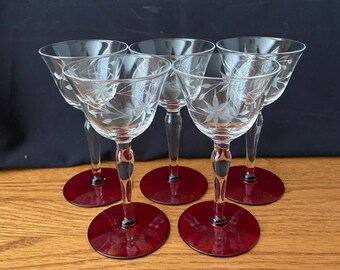 Set of 5 Ruby Footed Wine Glasses