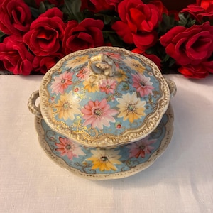 Hand Painted Royal Nippon Kinran Daisy Sugar Bowl with Underplate
