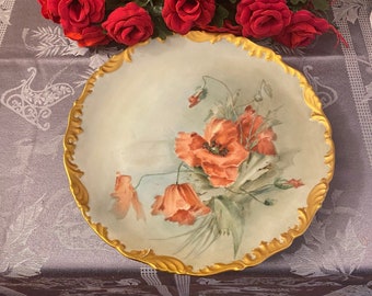 T & V Tressemann and Vogt Limoges Coral Poppies Charger Plate with Gold Edges/ Vintage Limoges / Limoges France / French Decor