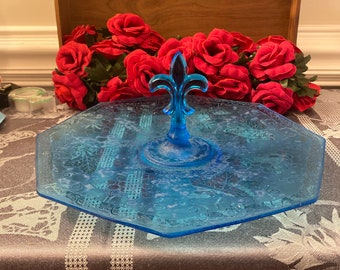 Blue Glass Fostoria Fleur De Lis Serving Dish