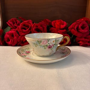 Theodore Haviland Limoges France Pink Floral Iridescent Teacup and Saucer