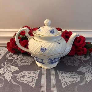 Vintage Crown Dorset Teapot: Blue Floral Bone China, Made in England