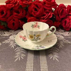 Vintage Shelley Green Trim Bouquet Teacup and Saucer